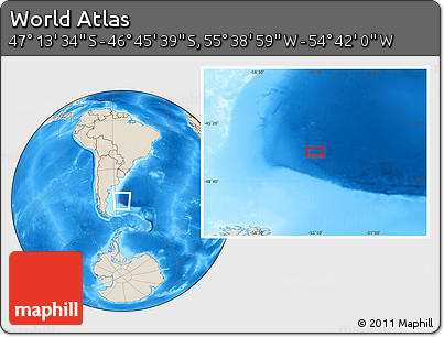 Shaded Relief Location Map of the Area around 46° 59' 36" S, 55° 10' 29" W