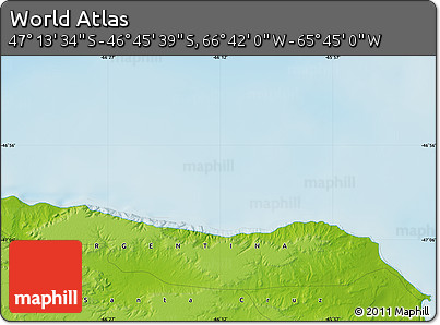 Physical Map of the Area around 46° 59' 36" S, 66° 13' 29" W