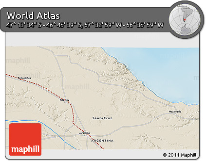 Shaded Relief 3D Map of the Area around 46° 59' 36" S, 67° 4' 29" W