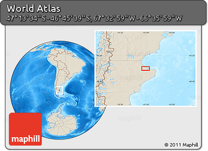 Shaded Relief Location Map of the Area around 46° 59' 36" S, 67° 4' 29" W
