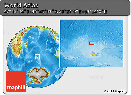 Physical Location Map of the Area around 46° 59' 36" S, 68° 55' 30" E