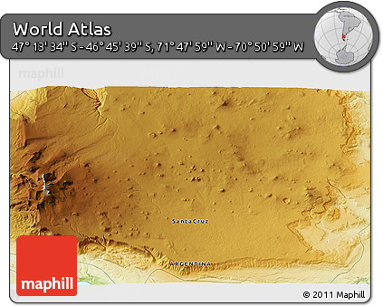 Physical 3D Map of the Area around 46° 59' 36" S, 71° 19' 29" W