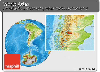 Physical Location Map of the Area around 46° 59' 36" S, 71° 19' 29" W