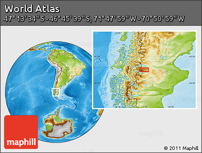 Physical Location Map of the Area around 46° 59' 36" S, 71° 19' 29" W