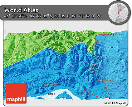 Political 3D Map of the Area around 46° 59' 36" S, 72° 10' 30" W