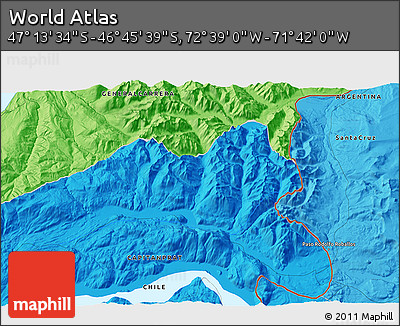 Political 3D Map of the Area around 46° 59' 36" S, 72° 10' 30" W
