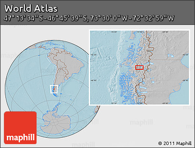 Gray Location Map of the Area around 46° 59' 36" S, 73° 1' 30" W, hill shading