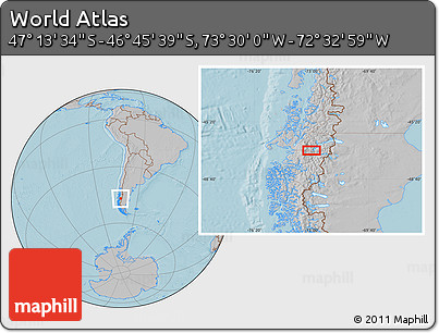 Gray Location Map of the Area around 46° 59' 36" S, 73° 1' 30" W, hill shading