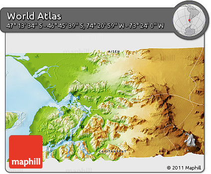 Physical 3D Map of the Area around 46° 59' 36" S, 73° 52' 30" W