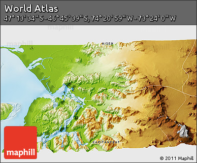Physical 3D Map of the Area around 46° 59' 36" S, 73° 52' 30" W
