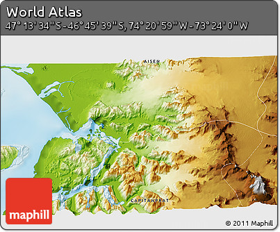 Physical 3D Map of the Area around 46° 59' 36" S, 73° 52' 30" W