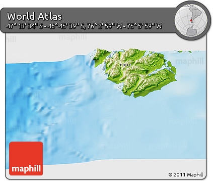 Physical 3D Map of the Area around 46° 59' 36" S, 75° 34' 29" W