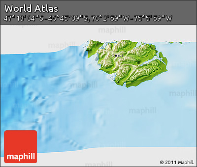 Physical 3D Map of the Area around 46° 59' 36" S, 75° 34' 29" W