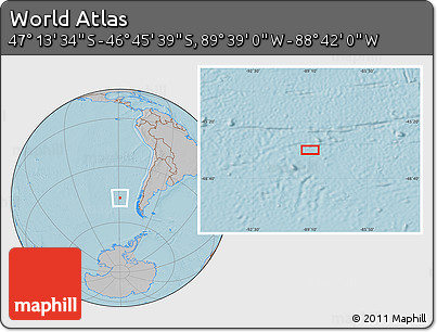 Gray Location Map of the Area around 46° 59' 36" S, 89° 10' 30" W, hill shading