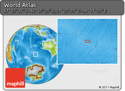 Physical Location Map of the Area around 46° 59' 36" S, 97° 49' 29" E