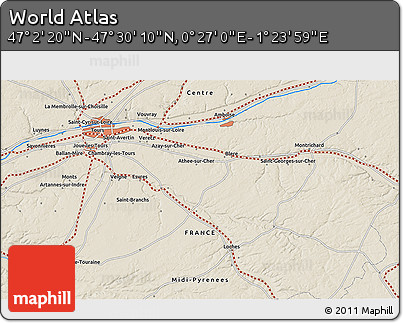 Shaded Relief 3D Map of the Area around 47° 16' 15" N, 0° 55' 29" E