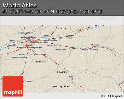 Shaded Relief 3D Map of the Area around 47° 16' 15" N, 0° 55' 29" E