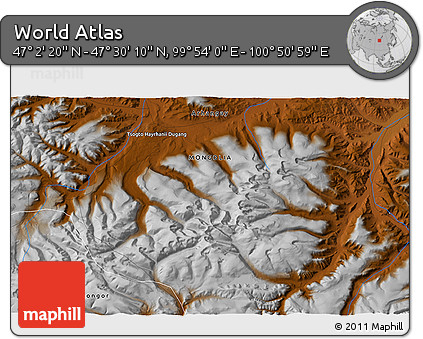 Physical 3D Map of the Area around 47° 16' 15" N, 100° 22' 30" E
