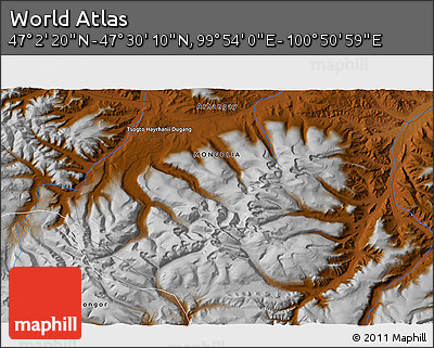 Physical 3D Map of the Area around 47° 16' 15" N, 100° 22' 30" E