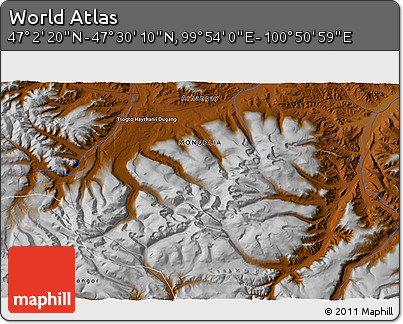 Physical 3D Map of the Area around 47° 16' 15" N, 100° 22' 30" E