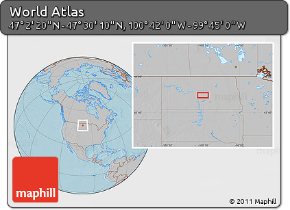Gray Location Map of the Area around 47° 16' 15" N, 100° 13' 29" W, hill shading