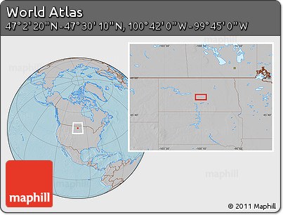Gray Location Map of the Area around 47° 16' 15" N, 100° 13' 29" W, hill shading