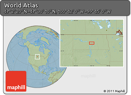 Savanna Style Location Map of the Area around 47° 16' 15" N, 100° 13' 29" W, hill shading
