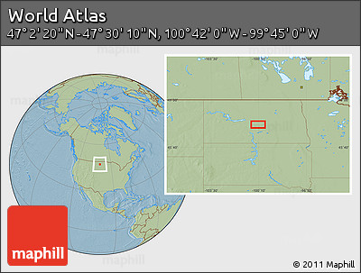 Savanna Style Location Map of the Area around 47° 16' 15" N, 100° 13' 29" W, hill shading