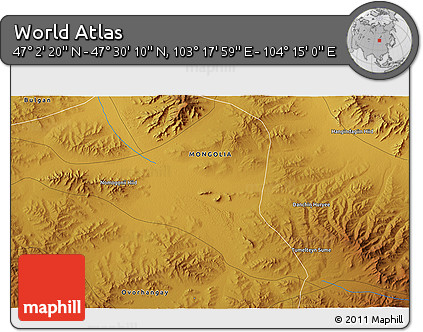 Physical 3D Map of the Area around 47° 16' 15" N, 103° 46' 30" E