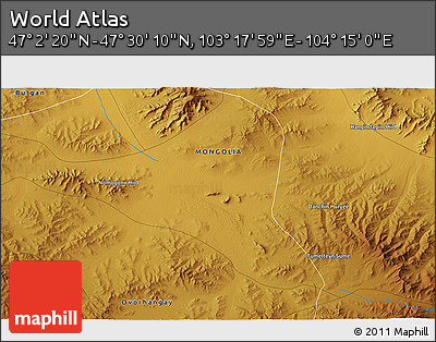 Physical 3D Map of the Area around 47° 16' 15" N, 103° 46' 30" E