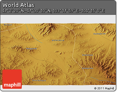 Physical 3D Map of the Area around 47° 16' 15" N, 103° 46' 30" E