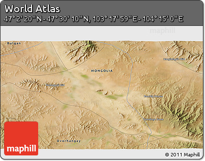 Satellite 3D Map of the Area around 47° 16' 15" N, 103° 46' 30" E
