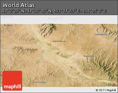 Satellite 3D Map of the Area around 47° 16' 15" N, 103° 46' 30" E