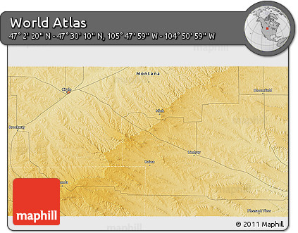 Physical 3D Map of the Area around 47° 16' 15" N, 105° 19' 29" W