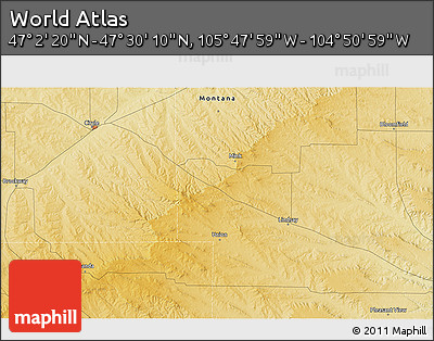 Physical 3D Map of the Area around 47° 16' 15" N, 105° 19' 29" W