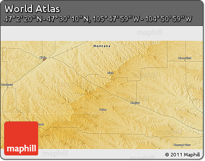 Physical 3D Map of the Area around 47° 16' 15" N, 105° 19' 29" W