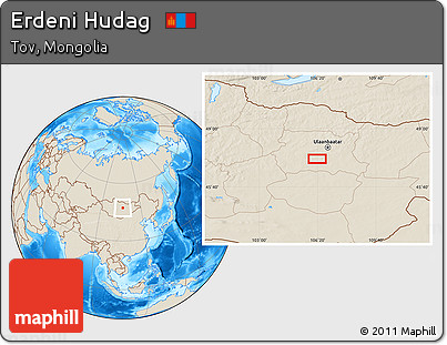 Shaded Relief Location Map of Erdeni Hudag