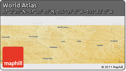 Physical Panoramic Map of the Area around 47° 16' 15" N, 106° 10' 30" W