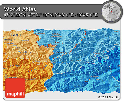 Political 3D Map of the Area around 47° 16' 15" N, 10° 16' 30" E