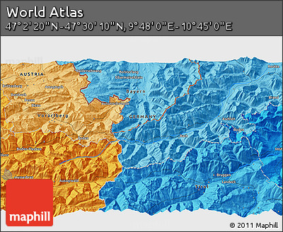 Political 3D Map of the Area around 47° 16' 15" N, 10° 16' 30" E