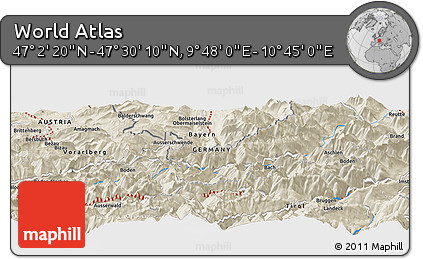 Shaded Relief Panoramic Map of the Area around 47° 16' 15" N, 10° 16' 30" E