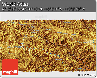 Physical 3D Map of the Area around 47° 16' 15" N, 115° 31' 30" W