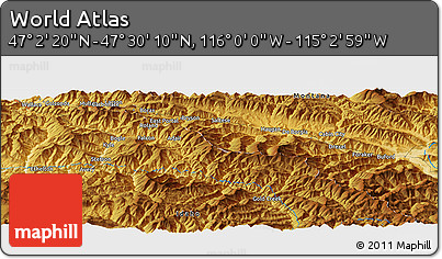 Physical Panoramic Map of the Area around 47° 16' 15" N, 115° 31' 30" W