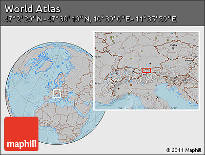 Gray Location Map of the Area around 47° 16' 15" N, 11° 7' 30" E, hill shading