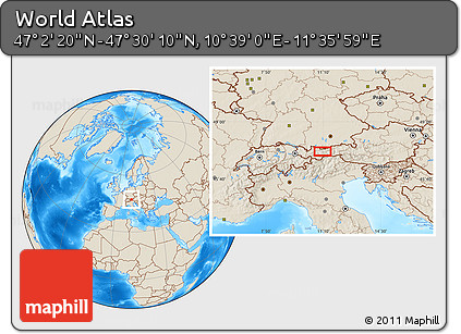 Shaded Relief Location Map of the Area around 47° 16' 15" N, 11° 7' 30" E