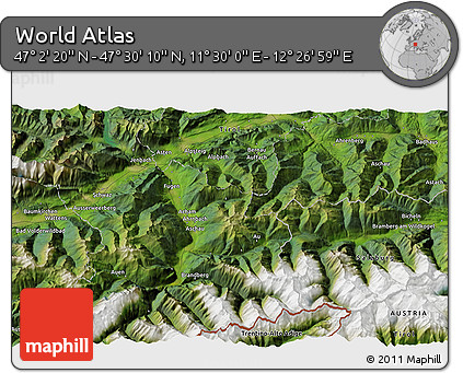 Satellite 3D Map of the Area around 47° 16' 15" N, 11° 58' 29" E
