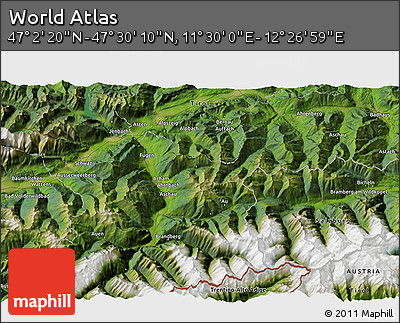 Satellite 3D Map of the Area around 47° 16' 15" N, 11° 58' 29" E