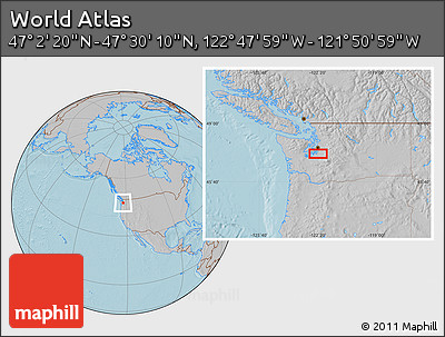 Gray Location Map of the Area around 47° 16' 15" N, 122° 19' 29" W, hill shading