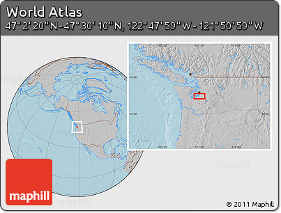 Gray Location Map of the Area around 47° 16' 15" N, 122° 19' 29" W, hill shading