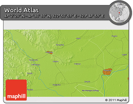 Physical 3D Map of the Area around 47° 16' 15" N, 123° 19' 29" E